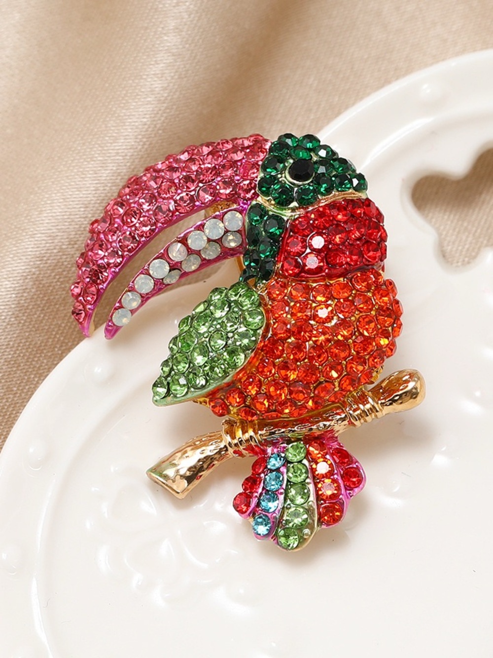 Multicolor Toucan Bird Brooch Rhinestone Crystal Gold Tone Tropical Pin